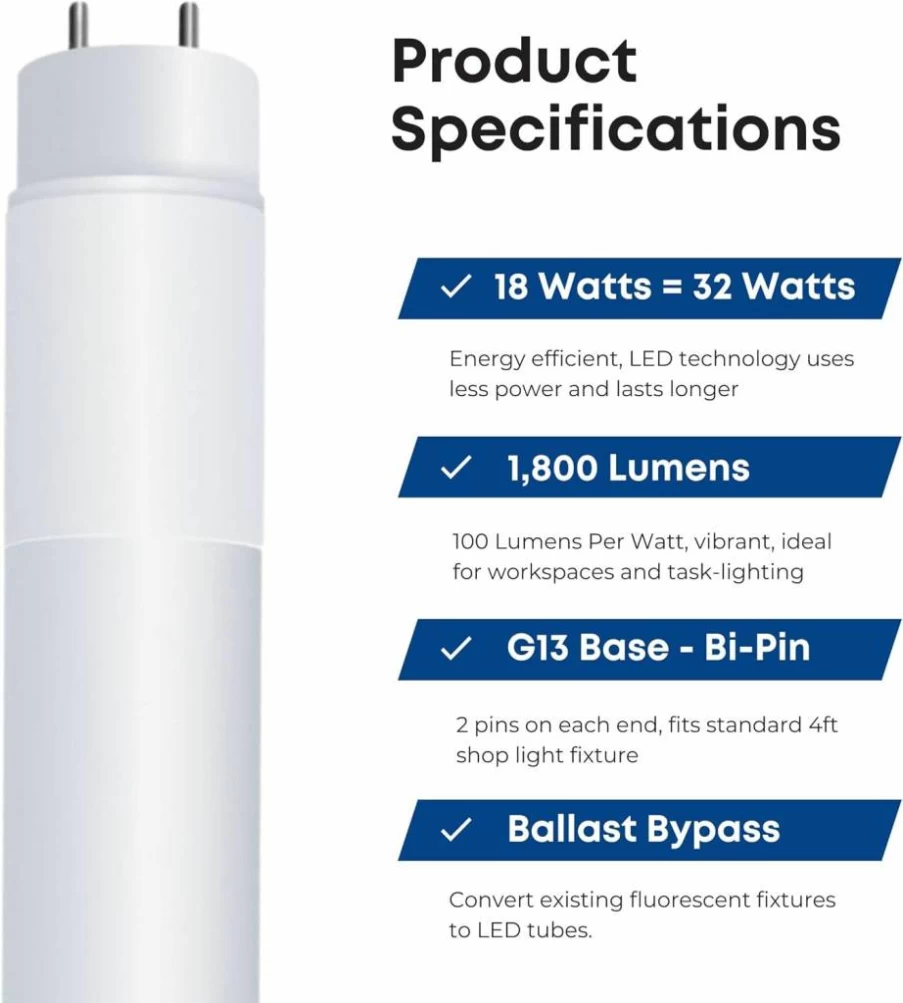 Feit Electric 4Ft T8 LED Tube Light 18W (32W Equivalent), Type B Ballast Bypass, 5000K Daylight, Double-End Powered, F32T8 Fluorescent Replacement, UL Listed, 10-Pack