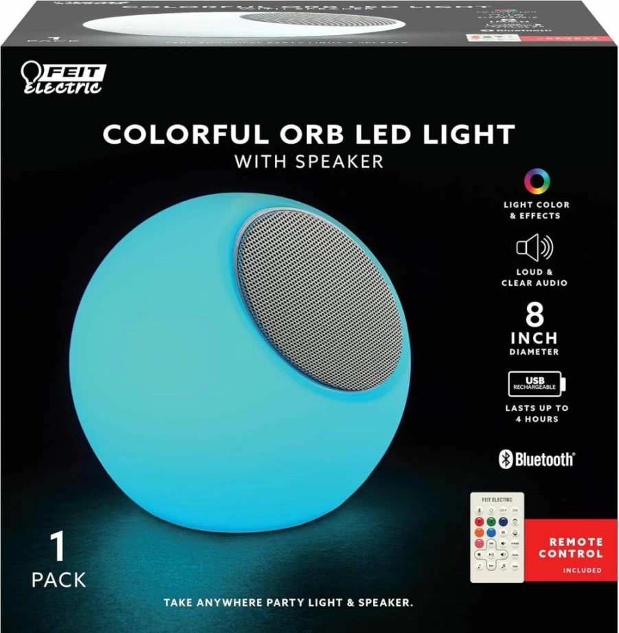Feit Electric 8" Bluetooth LED Orb Light with Color Changing, Music Sync, Rechargeable Battery, and Remote Control - Portable RGBW Speaker Light