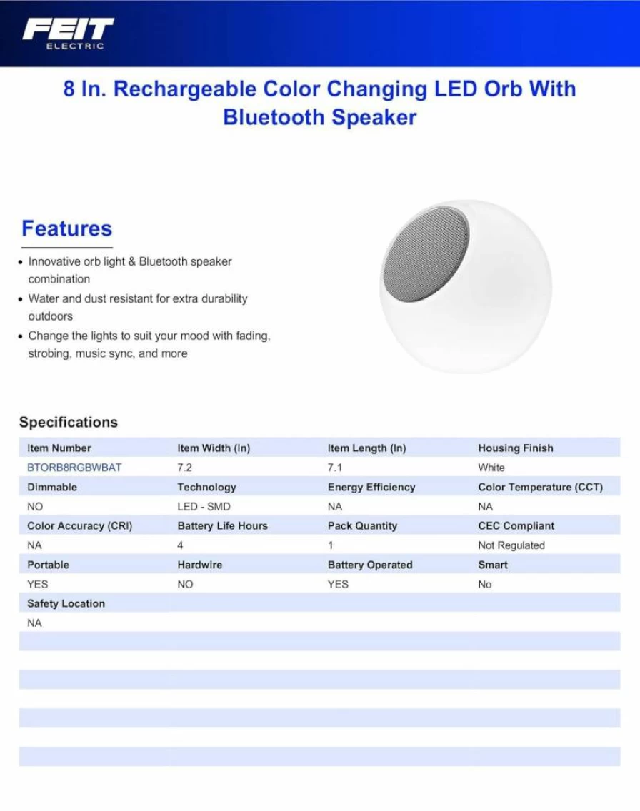 Feit Electric 8" Bluetooth LED Orb Light with Color Changing, Music Sync, Rechargeable Battery, and Remote Control - Portable RGBW Speaker Light