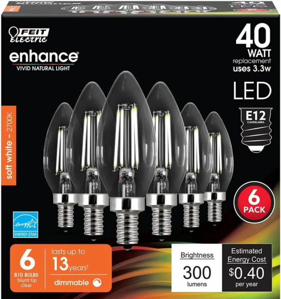 Feit Electric 60W Equivalent Dimmable LED Candelabra Bulb, E12 Base, 2700K Soft White, B10 Filament Style, 6-Pack, Energy Efficient, 13-Year Lifespan