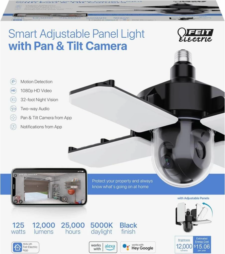 Feit Electric Smart LED Garage Light with Camera, 12000 Lumens 5000K Dimmable, WiFi 2.4GHz Motion Sensor, Two-Way Audio, Video Alerts, E26 Screw-In Security Light