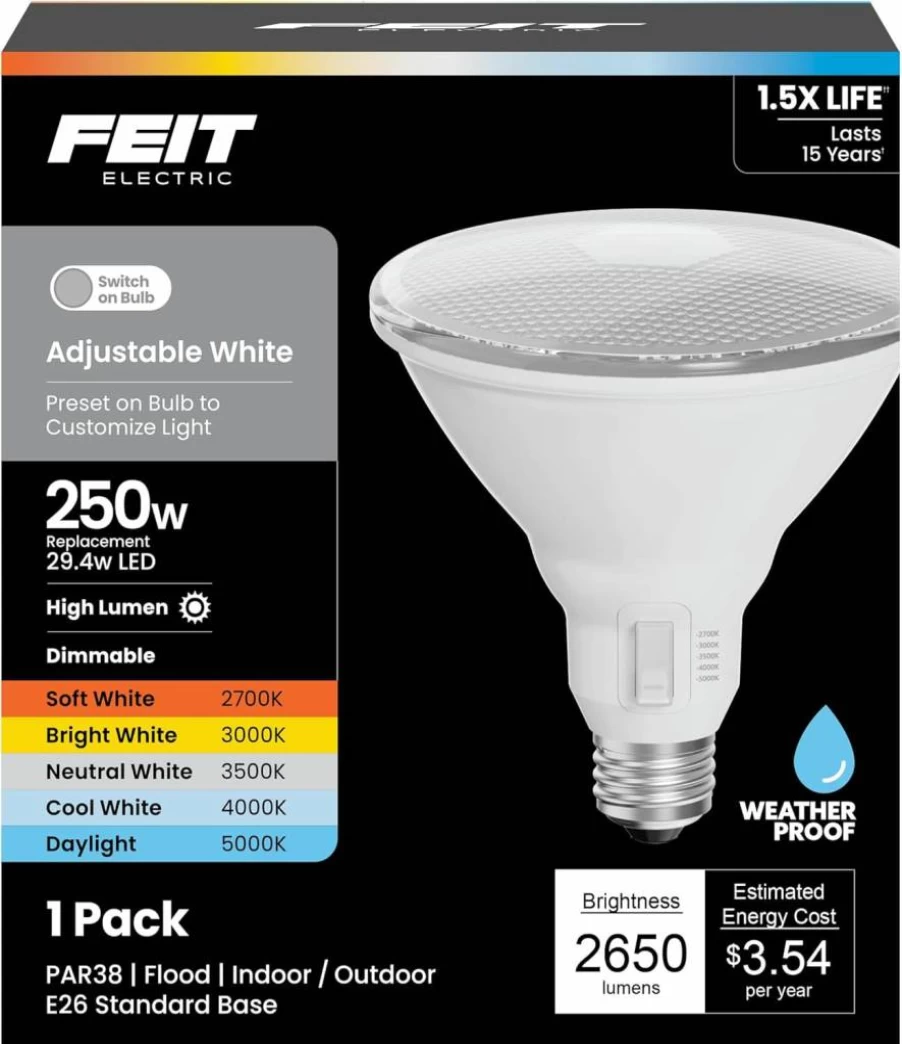 Feit Electric PAR38 LED Bulb 250W Equivalent Dimmable 2650 Lumens 5 CCT (Soft to Daylight) Indoor/Outdoor for Security & Accent Lighting PAR38250DM5CCT