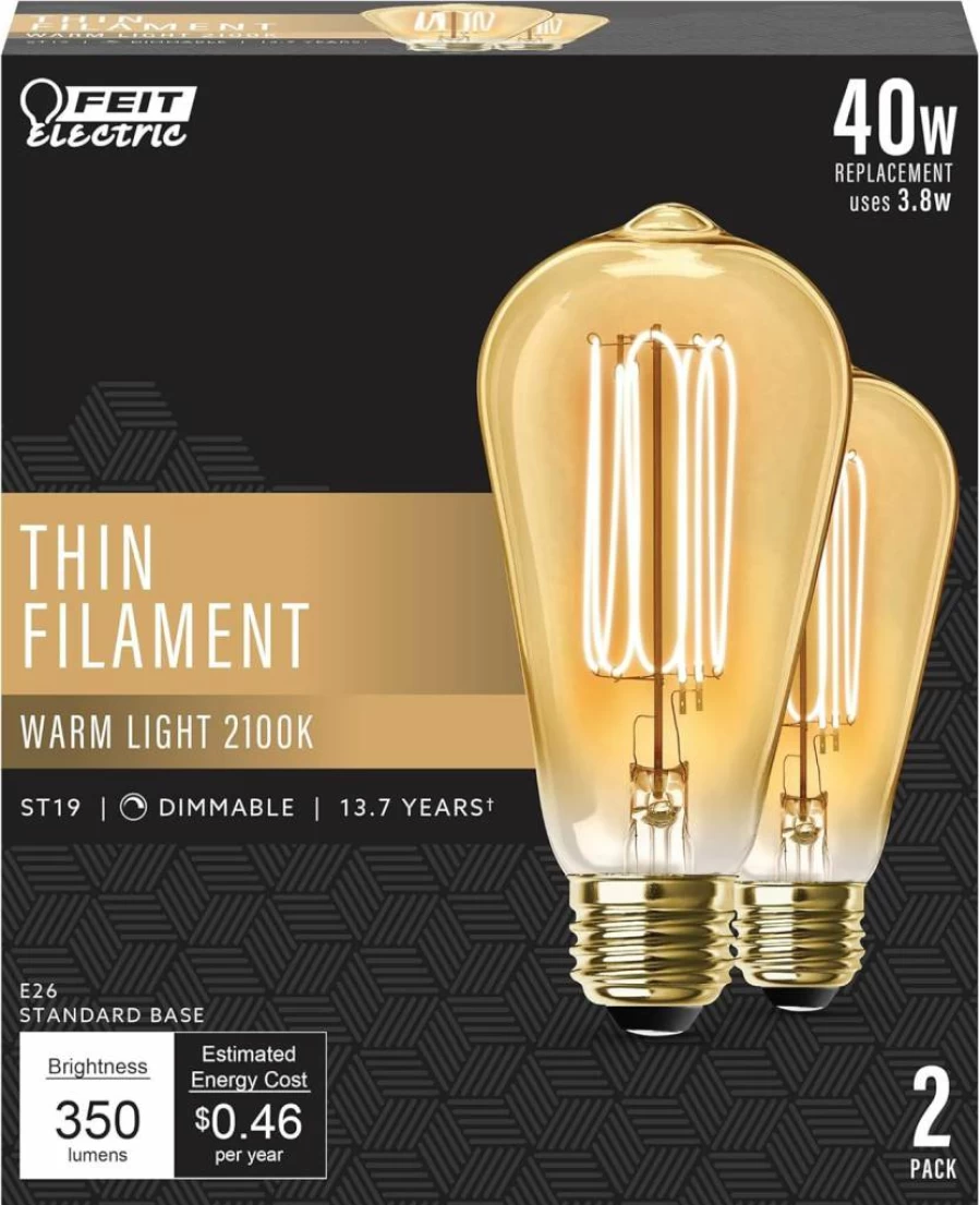 Feit Electric ST19 Vintage LED Bulb 40W Equivalent Dimmable 5000K Daylight E26 Base Clear Glass Thin Filament 15000 Hours 2-Pack