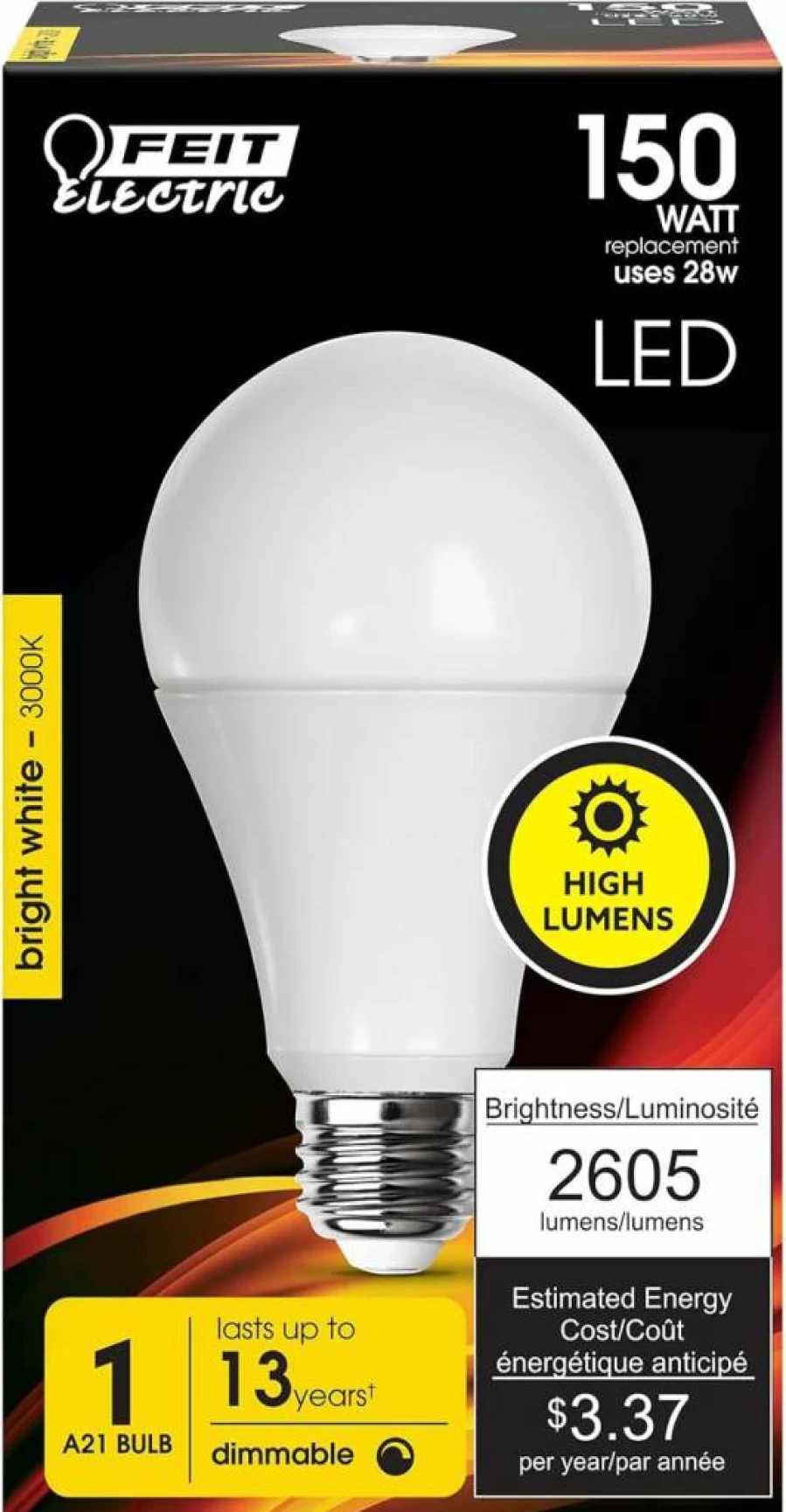 Feit Electric A21 LED Light Bulb 200W Equivalent 3050 Lumens 5000K Daylight E26 Base Non-Dimmable Damp Rated 22-Year Lifetime High Output Energy Efficient