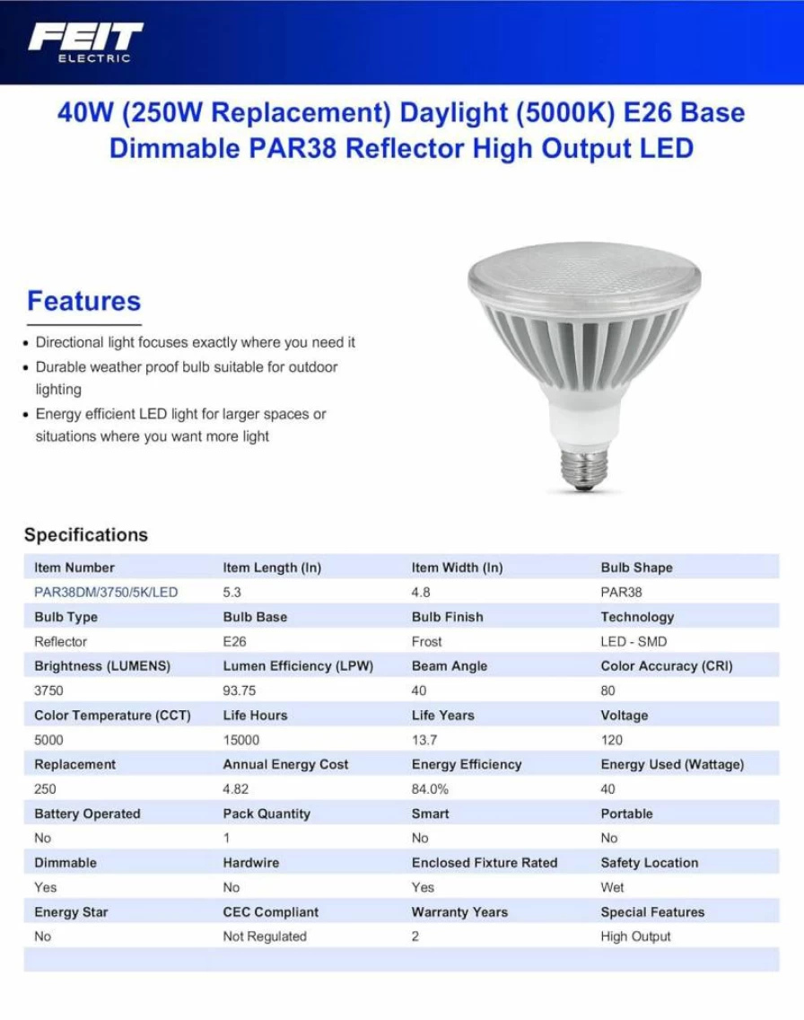 Feit Electric PAR38 LED Bulb 250W Equivalent Dimmable 5000K Daylight 3750 Lumens E26 Base Wet Rated Indoor Outdoor 15000 Hours