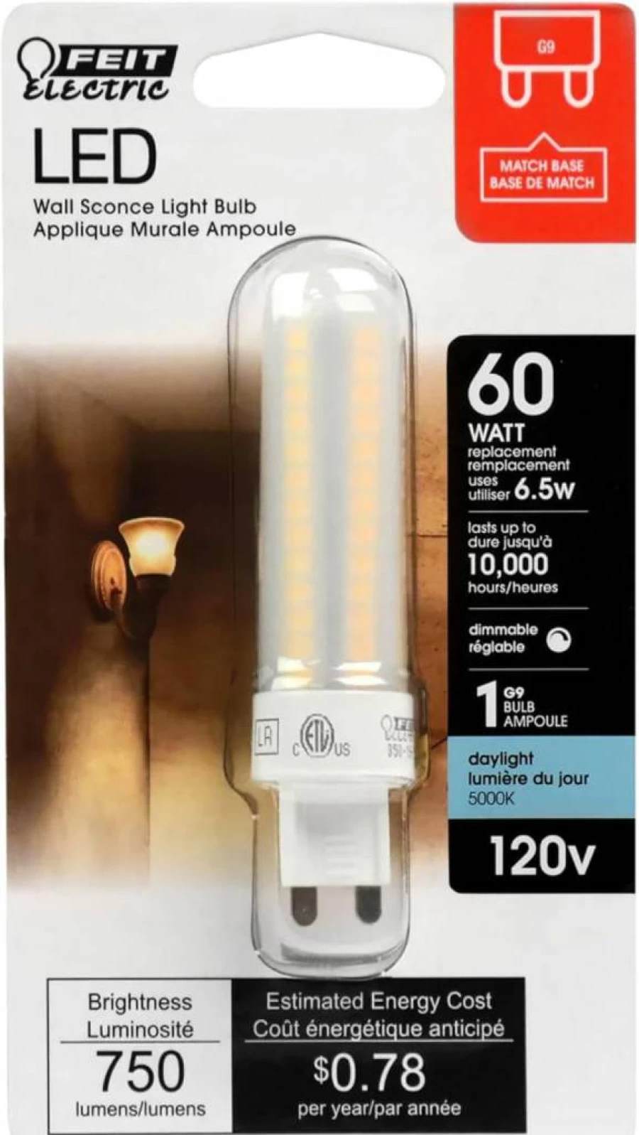 Feit Electric G9 LED Bulb 60W Equivalent Dimmable 3000K Warm White 750 Lumens 120V 10000 Hour Lifetime for Wall Sconces and Fixtures