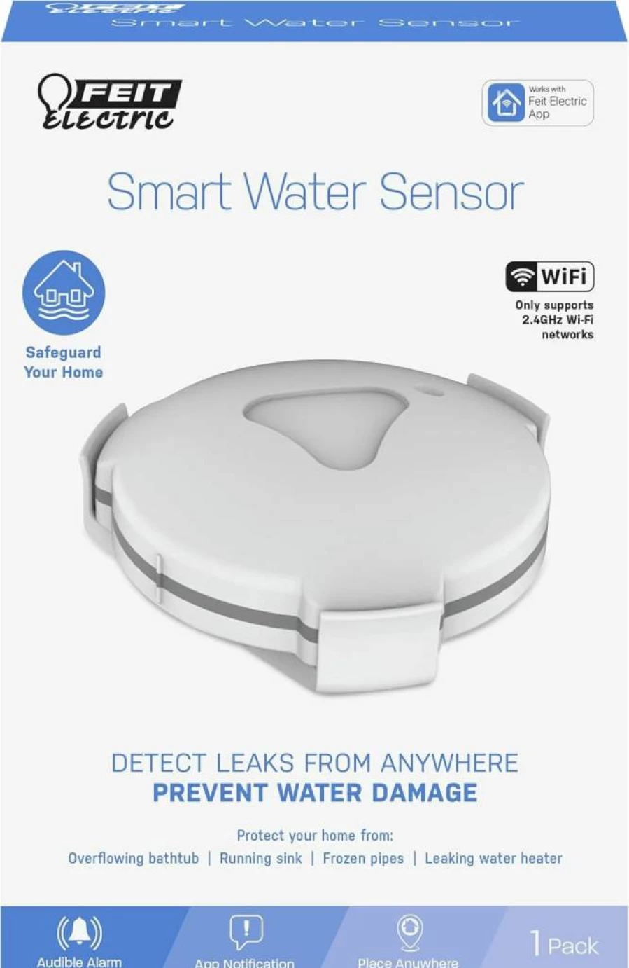 Feit Electric Smart Water Leak Detector with WiFi, Audible Alarm, Mobile Alerts, Battery-Powered, Indoor/Outdoor Use, No Hub Needed