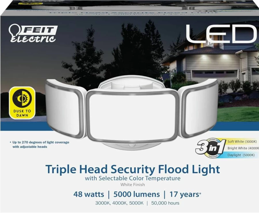 Feit Electric 3-Head LED Security Floodlight 5000 Lumens, Adjustable Color Temperature 3000K-5000K, Dusk to Dawn Hardwired Outdoor Light, White S10.5Tfl/3Cct/Dd/Wh