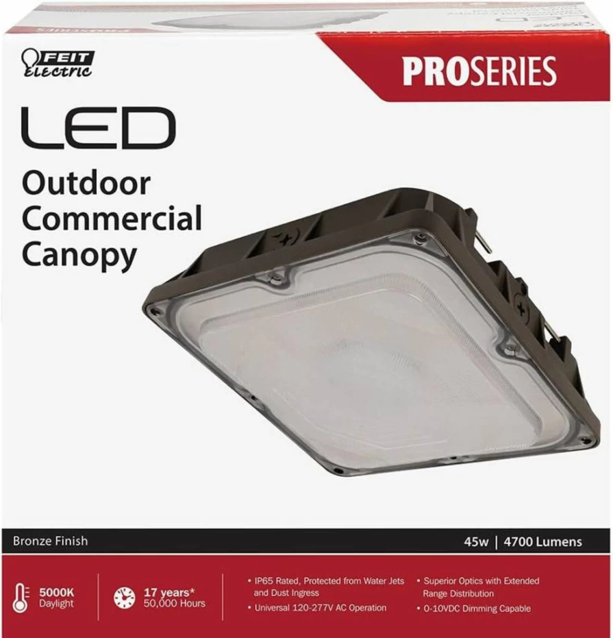 Feit Electric 10" LED Outdoor Canopy Light - 45W, 4700 Lumens, 5000K Daylight, Weatherproof, UL Listed - Ideal for Gas Stations, Garages, Car Ports (Model S10Cnpy/850/Bz)