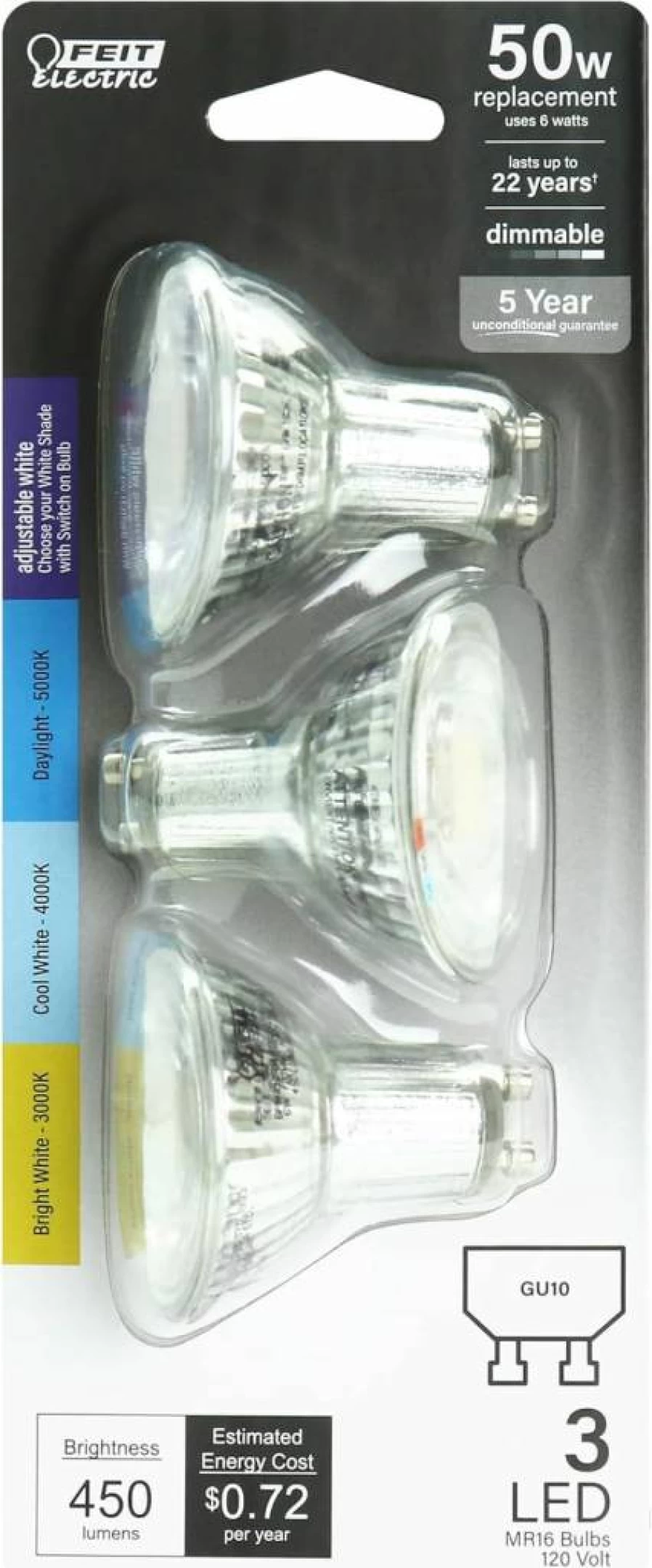 Feit Electric GU10 LED Bulb 3-Pack, 75W Equivalent, Dimmable, 600 Lumens, 90+ CRI, Adjustable Color Temperature, 25,000-Hour Lifespan, Track Lighting, BPMR16GU10753CCTCA