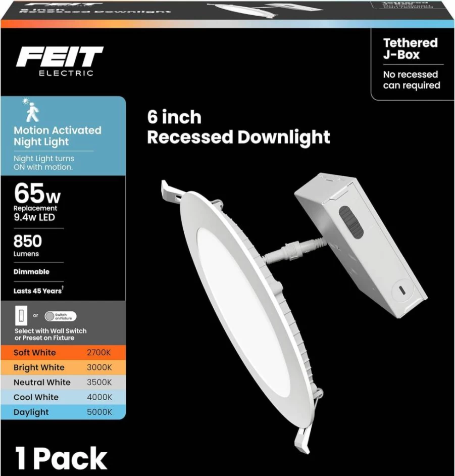 Feit Electric 6" Canless LED Recessed Downlight, Dimmable Adjustable White, Motion-Activated Night Light, Indoor/Outdoor Use, Low-Profile Design, 65W Equivalent, LEDR6XT/MOBAT/6WYCA