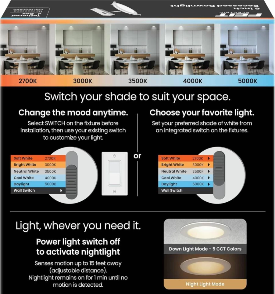 Feit Electric 6" Canless LED Recessed Downlight, Dimmable Adjustable White, Motion-Activated Night Light, Indoor/Outdoor Use, Low-Profile Design, 65W Equivalent, LEDR6XT/MOBAT/6WYCA