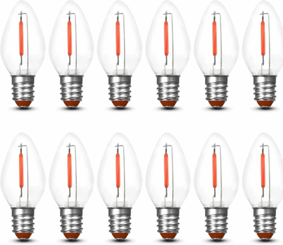 Feit Electric LED C7 Light Bulbs - 12 Pack, Red, Candelabra Base, 7W Equivalent, 0.6W, Holiday Decorative Christmas Lights, 2.15" Height, 1" Diameter