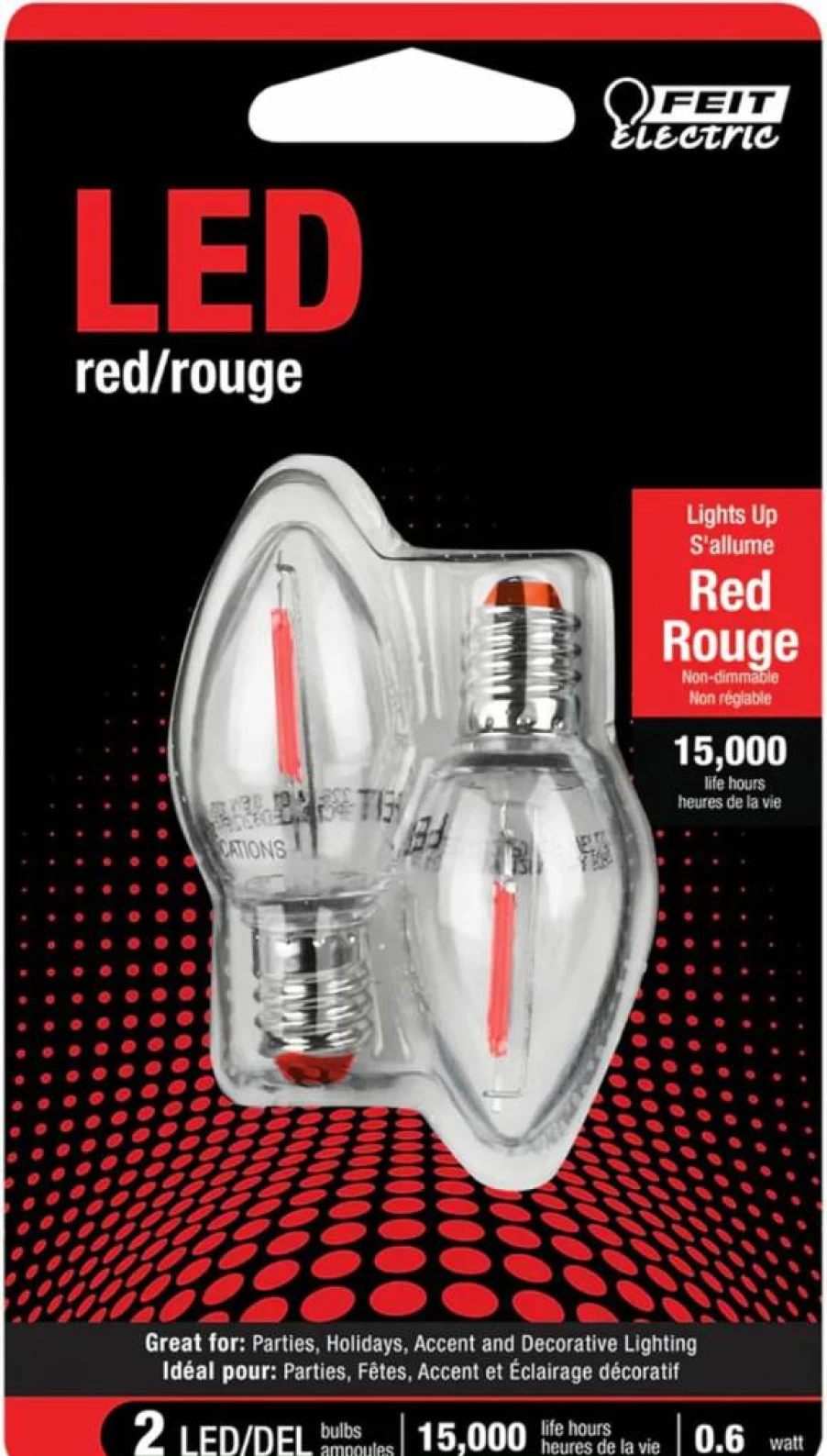 Feit Electric LED C7 Light Bulbs - 12 Pack, Red, Candelabra Base, 7W Equivalent, 0.6W, Holiday Decorative Christmas Lights, 2.15" Height, 1" Diameter