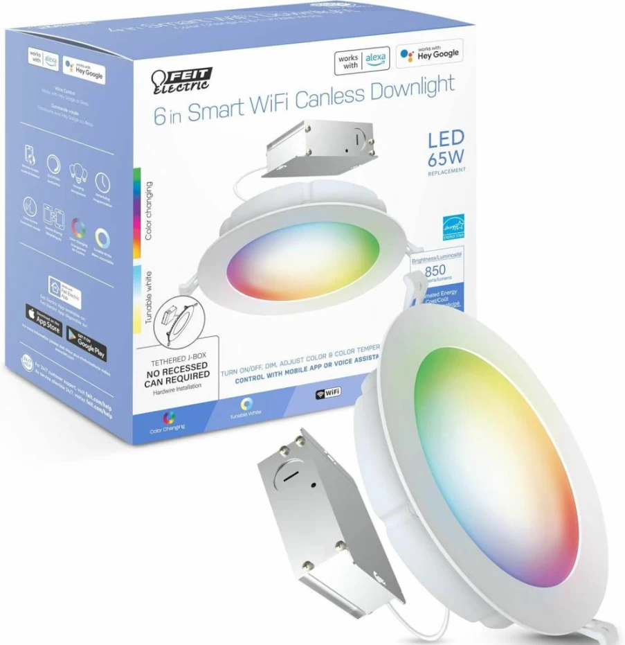 Feit Electric Smart LED Recessed Downlight 6" 65W Equivalent RGBW Color Changing Tunable White WiFi No Hub Required Works with Alexa Google Assistant