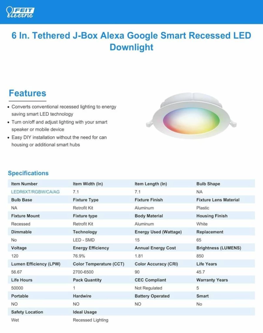 Feit Electric Smart LED Recessed Downlight 6" 65W Equivalent RGBW Color Changing Tunable White WiFi No Hub Required Works with Alexa Google Assistant