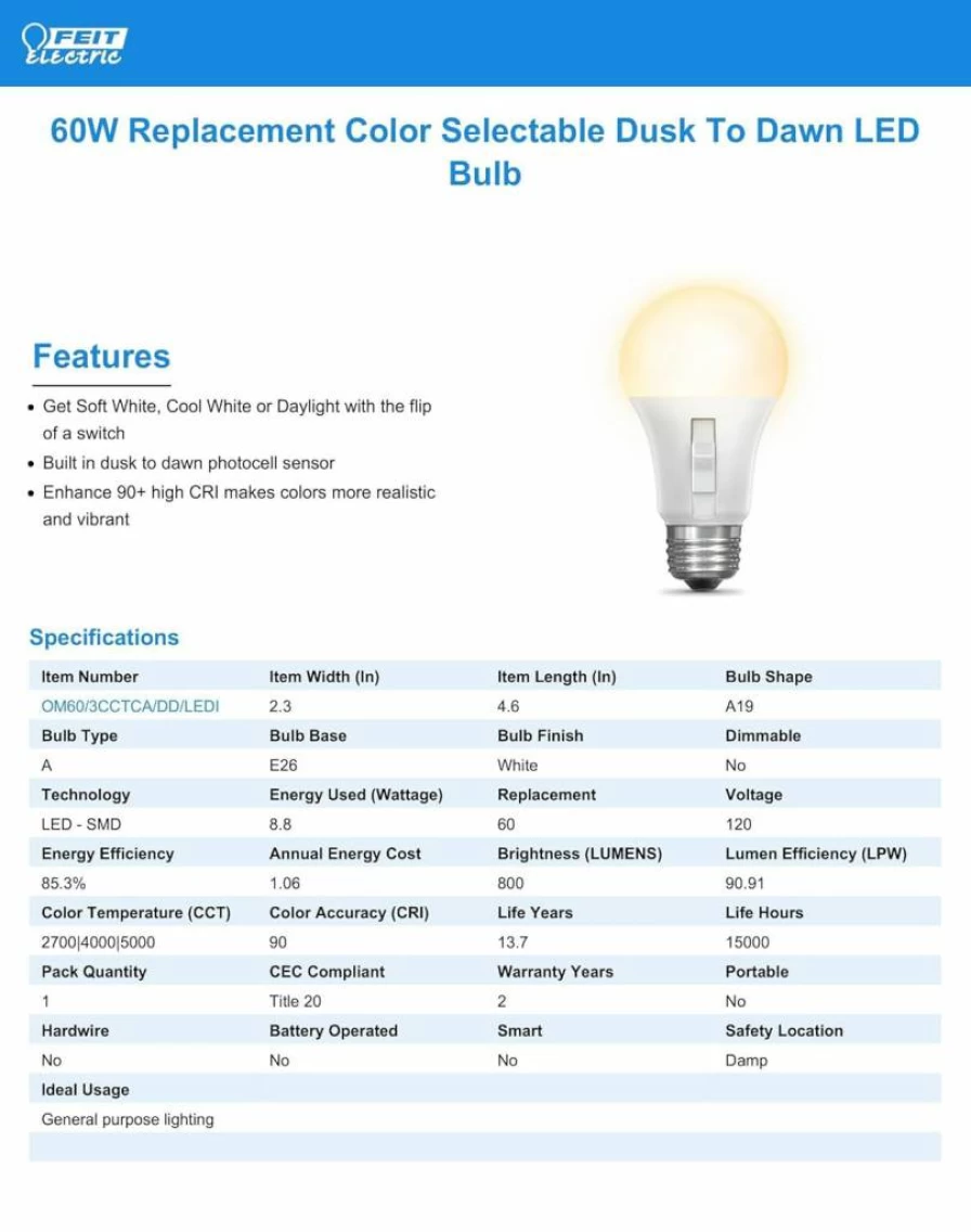 Feit Electric A19 LED Light Bulb - 60W Equivalent, 800 Lumen, 3 Color Temperatures (2700K/4000K/5000K), Dusk to Dawn Sensor, E26 Base, 15 Year Lifespan
